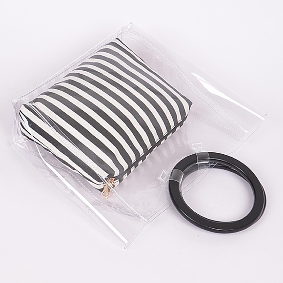 Clear Transparent Tote & Striped Make-Up Case - Bag in Bag - 2 for 1- NWT - Picture 1 of 6